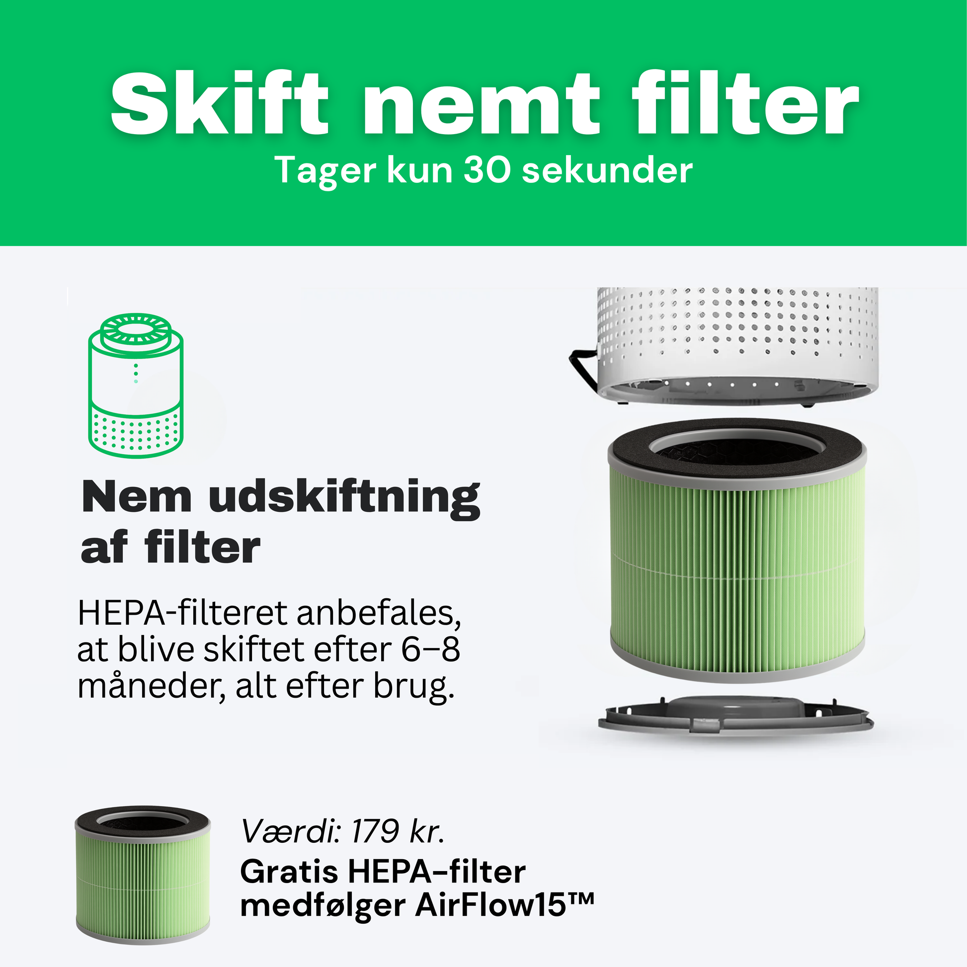 CleanFriend AirFlow15™ luftrenser – med medfølgende HEPA-filter
